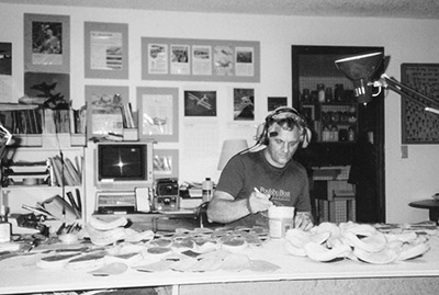Mike Dennis, in his den, 1990, making <strong>SoftTop®</strong> Headset Cushions and test newly designed ear seals which became Oregon Aero <strong>SoftSeal®</strong> Ear Cushions.